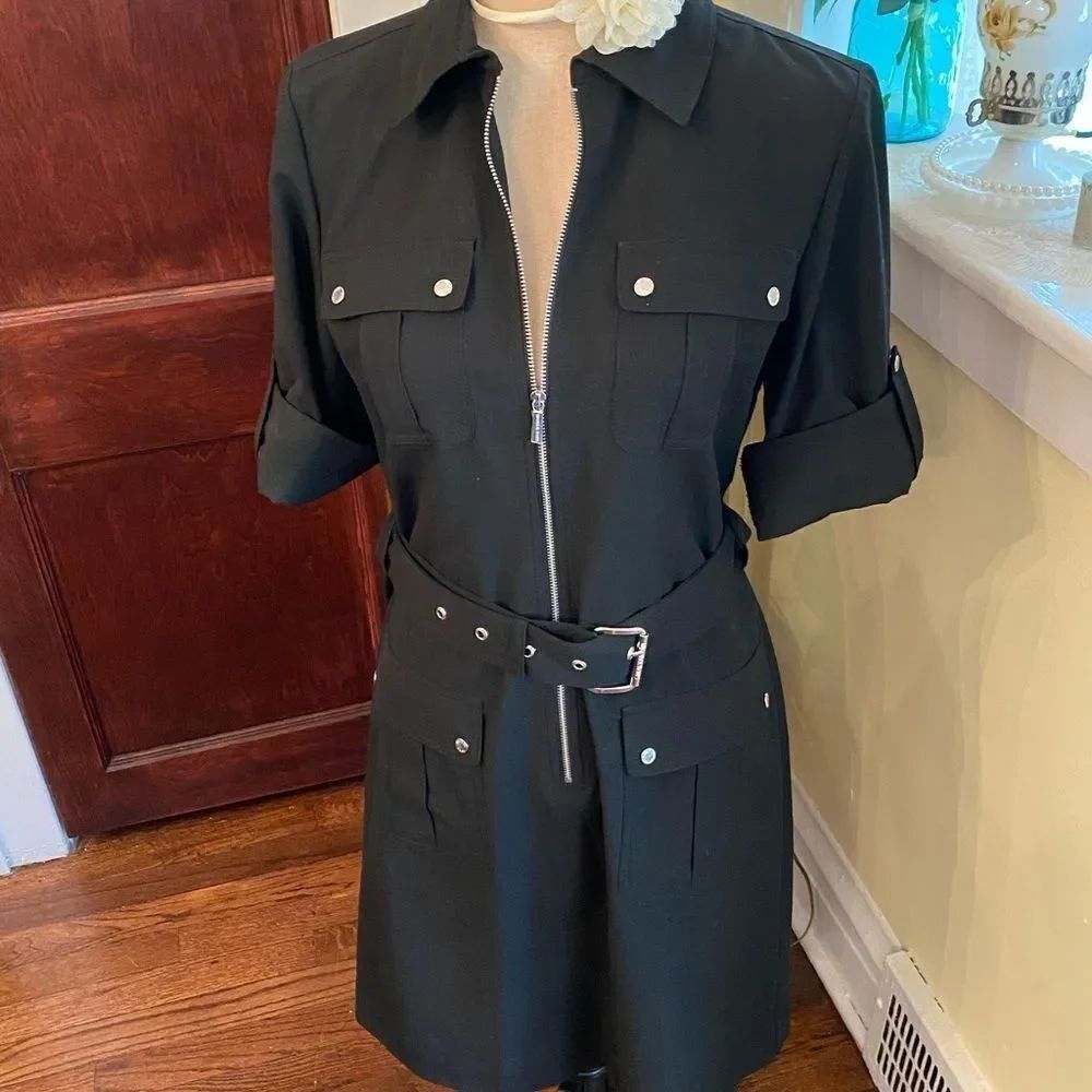 *Michael Kors* Classic Black Silver Hardware Zip Shirtdress Sz M